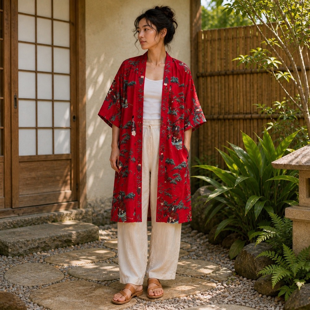 Vintage 80s Japanese Cotton Kimono Robe Red Crane Floral Made in Japan Womens L